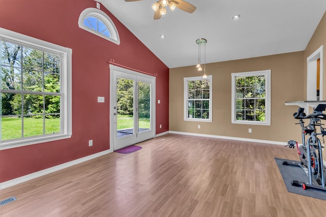12938 Kelley Rd, Brooklyn, MI 49230 - exercise room featuring light wood-style flooring, ceiling fan, baseboards, high vaulted ceiling, and recessed lighting