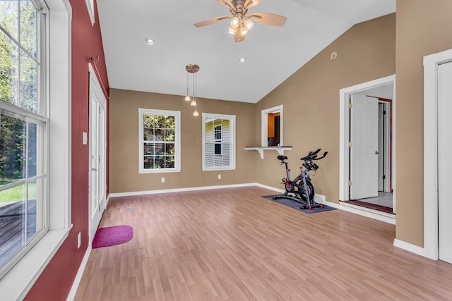 12938 Kelley Rd, Brooklyn, MI 49230 - workout area with light wood finished floors, ceiling fan, high vaulted ceiling, baseboards, and recessed lighting