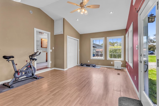 12938 Kelley Rd, Brooklyn, MI 49230 - exercise room featuring a ceiling fan, light wood-style floors, baseboards, high vaulted ceiling, and recessed lighting