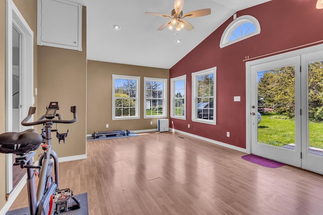 12938 Kelley Rd, Brooklyn, MI 49230 - workout room with ceiling fan, light wood finished floors, baseboards, high vaulted ceiling, and recessed lighting