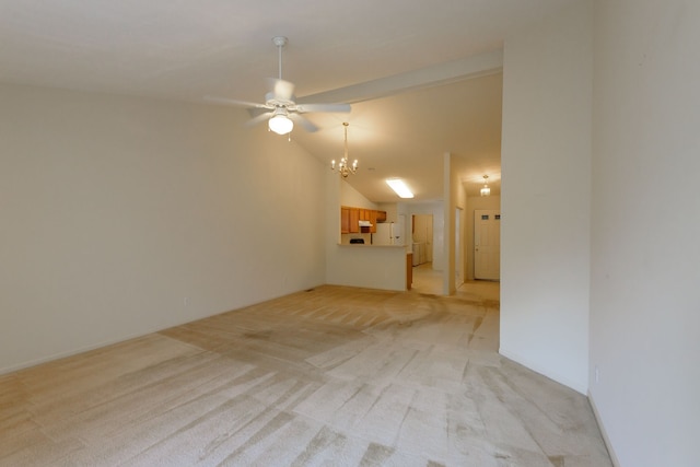 22876 Woodcreek Dr, Taylor, MI 48180 - unfurnished living room with a ceiling fan, light colored carpet, a chandelier, and lofted ceiling