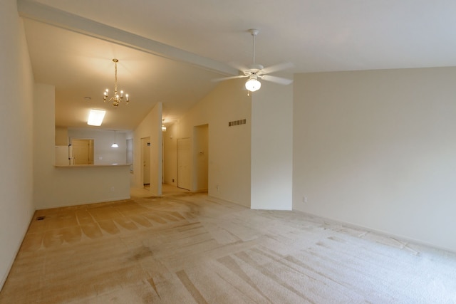 22876 Woodcreek Dr, Taylor, MI 48180 - unfurnished room with light carpet, lofted ceiling, ceiling fan, and a chandelier