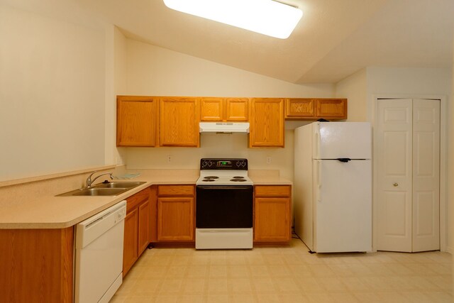 22876 Woodcreek Dr, Taylor, MI 48180 - kitchen featuring white appliances, a sink, under cabinet range hood, light floors, and lofted ceiling
