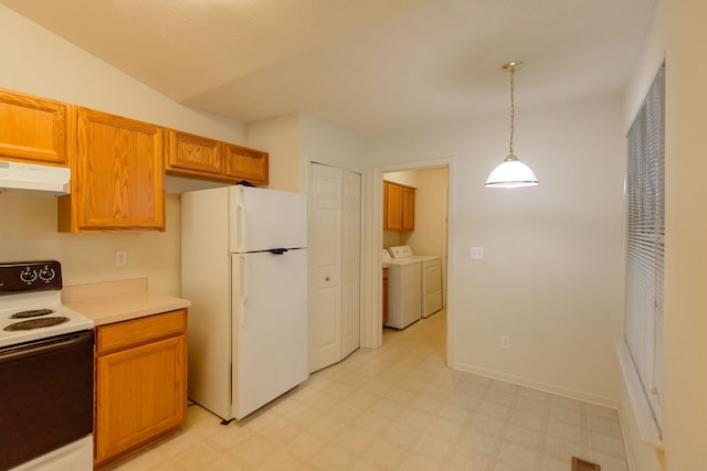 22876 Woodcreek Dr, Taylor, MI 48180 - kitchen with freestanding refrigerator, range with electric stovetop, separate washer and dryer, ventilation hood, and light floors