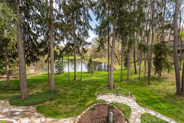 view of grassy yard featuring a water view
