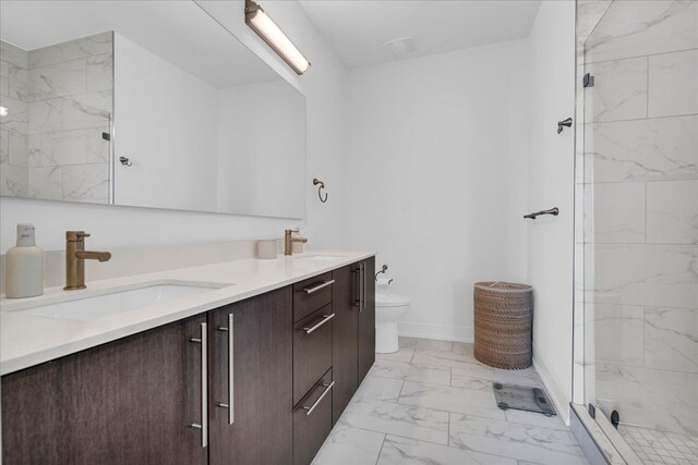 2809 Brush St, Detroit, MI 48201 - full bath with a sink, toilet, marble finish floor, a marble finish shower, and double vanity