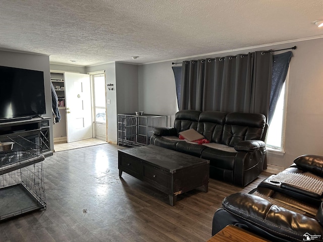living area with a textured ceiling, wood finished floors, baseboards, and ornamental molding