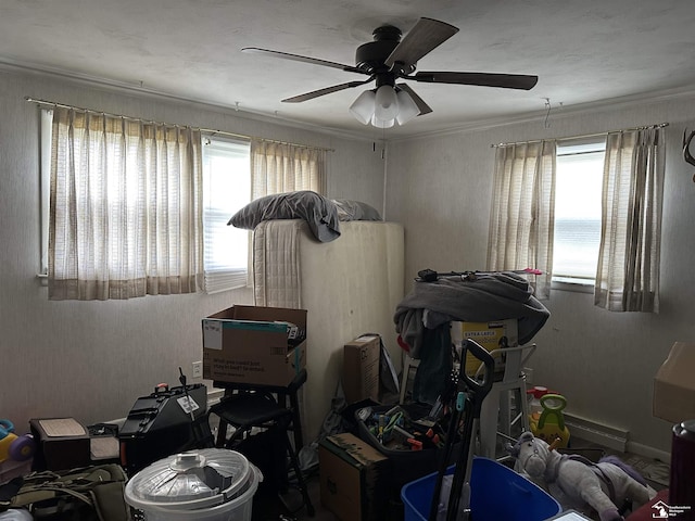 interior space with crown molding and a ceiling fan