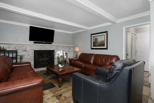 22641 N Nottingham Dr, Beverly Hills, MI 48025 - living room featuring a fireplace, crown molding, stone finish floor, and beam ceiling