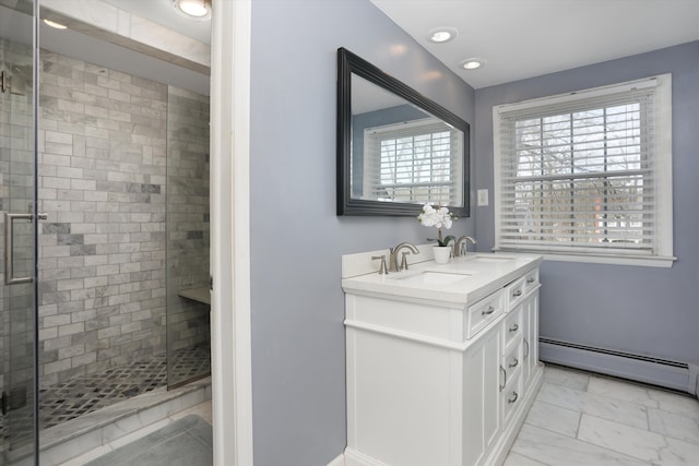 22641 N Nottingham Dr, Beverly Hills, MI 48025 - bathroom featuring a sink, a baseboard radiator, a stall shower, and marble finish floor