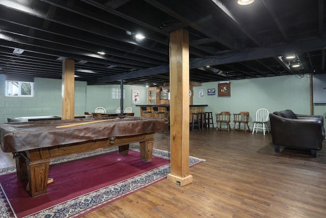 22641 N Nottingham Dr, Beverly Hills, MI 48025 - basement with a community bar, concrete block wall, billiards, and wood finished floors