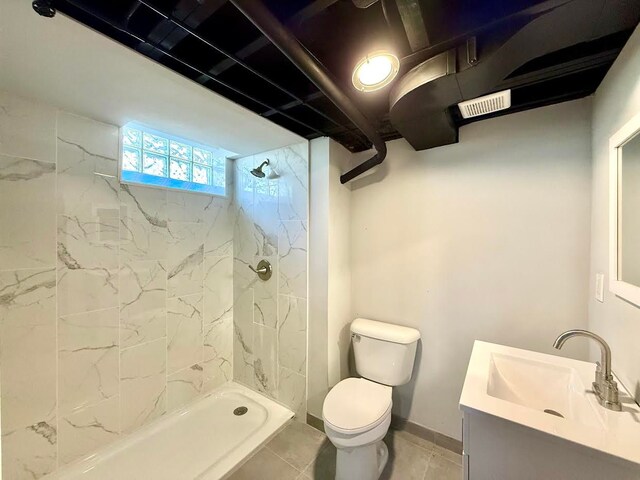 full bath featuring walk in shower, toilet, visible vents, and vanity