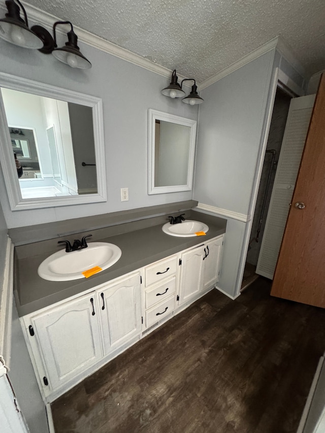 bathroom with double vanity, a textured ceiling, wood finished floors, and a sink