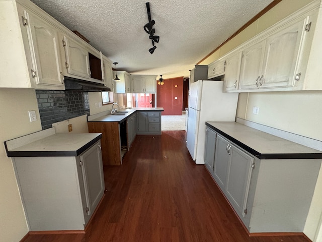 kitchen with a sink, freestanding refrigerator, dark wood-type flooring, under cabinet range hood, and ceiling fan