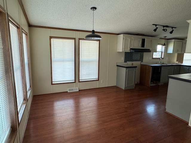 kitchen with ornamental molding, visible vents, a textured ceiling, and dark wood-type flooring