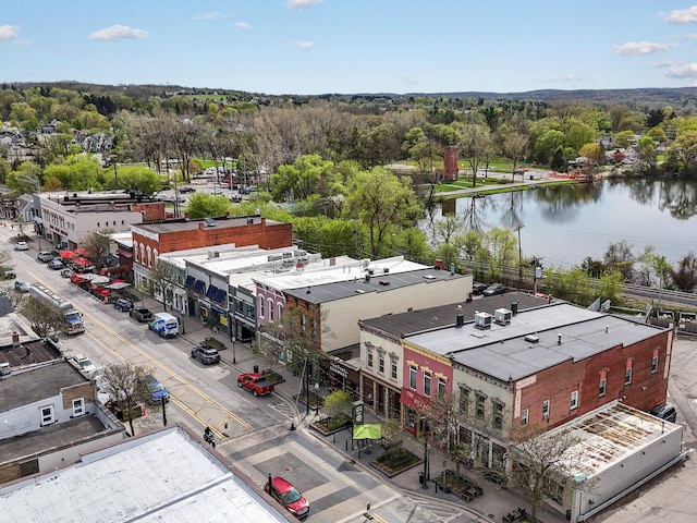 bird's eye view with a water view