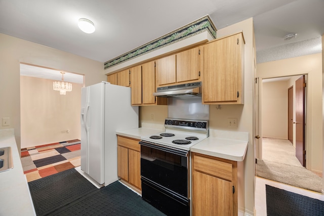 kitchen with under cabinet range hood, a chandelier, light countertops, white refrigerator with ice dispenser, and range with electric cooktop