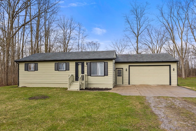 ranch-style house featuring concrete driveway, a front lawn, a shingled roof, and an attached garage