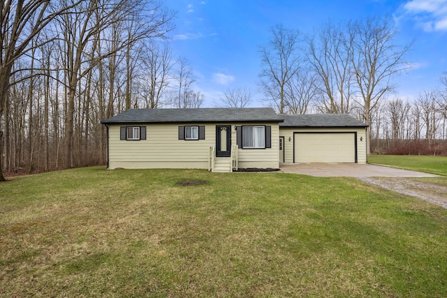 ranch-style home with an attached garage, a shingled roof, a front lawn, driveway, and entry steps
