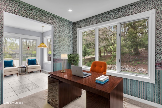 office area with wallpapered walls, baseboards, and crown molding