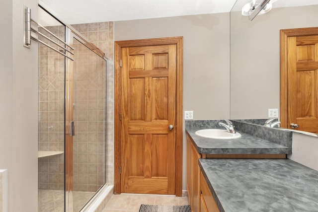 full bath featuring a shower stall, tile patterned flooring, and vanity