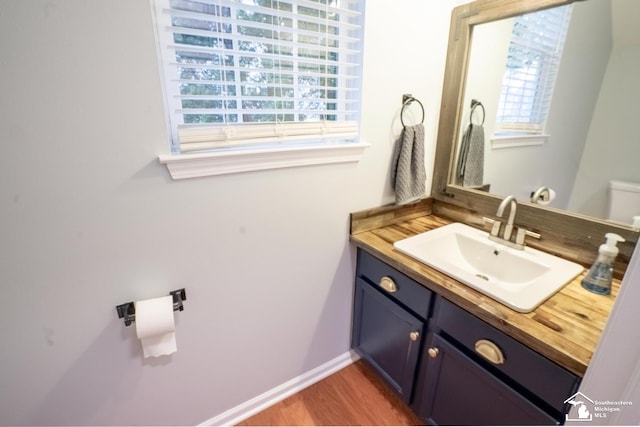 bathroom with toilet, vanity, plenty of natural light, and wood finished floors