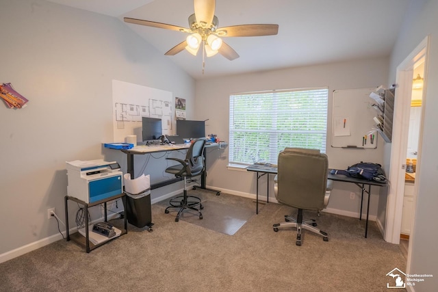 office with lofted ceiling, carpet flooring, ceiling fan, and baseboards