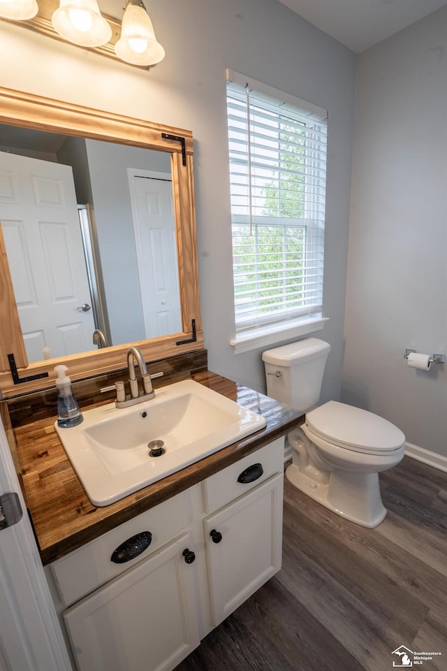 bathroom with toilet, wood finished floors, and vanity