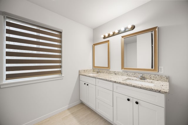 bathroom featuring double vanity, baseboards, a healthy amount of sunlight, and a sink