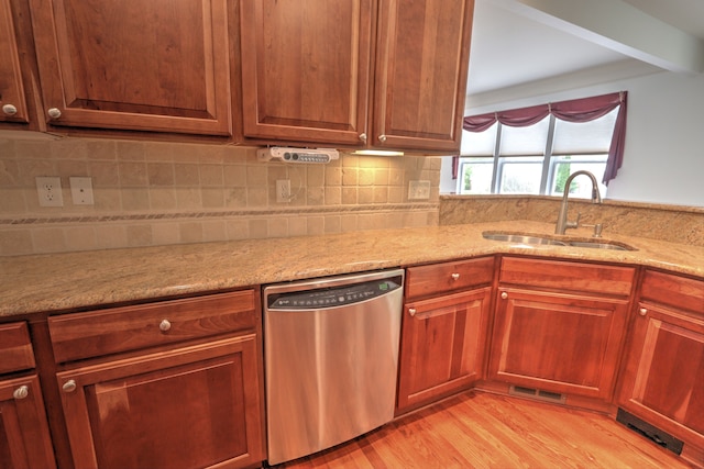 24179 Charlevoix St, Flat Rock, MI 48134 - kitchen featuring stainless steel dishwasher, a sink, light wood-style floors, light stone countertops, and tasteful backsplash
