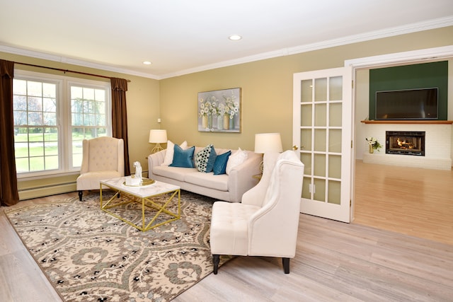5100 Kings Gate Way, Bloomfield Hills, MI 48302 - living room with wood finished floors, a brick fireplace, ornamental molding, a baseboard heating unit, and recessed lighting