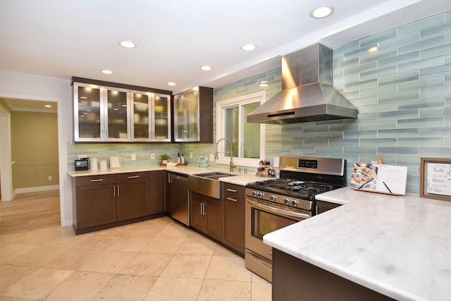 5100 Kings Gate Way, Bloomfield Hills, MI 48302 - kitchen featuring wall chimney exhaust hood, a sink, stainless steel appliances, tasteful backsplash, and recessed lighting
