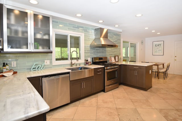 5100 Kings Gate Way, Bloomfield Hills, MI 48302 - kitchen featuring stainless steel appliances, wall chimney range hood, decorative backsplash, a sink, and a peninsula