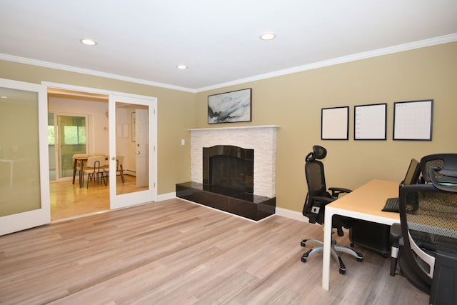 5100 Kings Gate Way, Bloomfield Hills, MI 48302 - office area featuring french doors, crown molding, wood finished floors, recessed lighting, and a fireplace