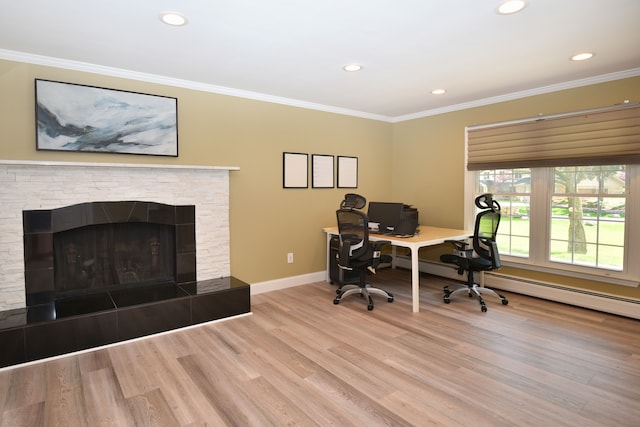 5100 Kings Gate Way, Bloomfield Hills, MI 48302 - home office with wood finished floors, baseboards, crown molding, recessed lighting, and a fireplace