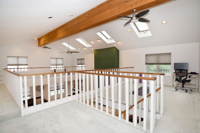 5100 Kings Gate Way, Bloomfield Hills, MI 48302 - hall featuring a skylight, beamed ceiling, recessed lighting, high vaulted ceiling, and an upstairs landing