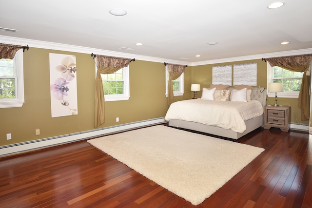 5100 Kings Gate Way, Bloomfield Hills, MI 48302 - bedroom featuring ornamental molding, dark wood-style floors, a baseboard radiator, recessed lighting, and baseboard heating