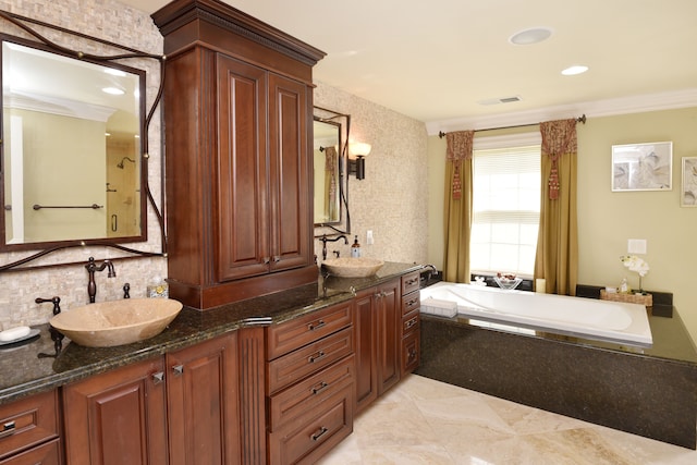 5100 Kings Gate Way, Bloomfield Hills, MI 48302 - bathroom featuring double vanity, decorative backsplash, a tub, and crown molding