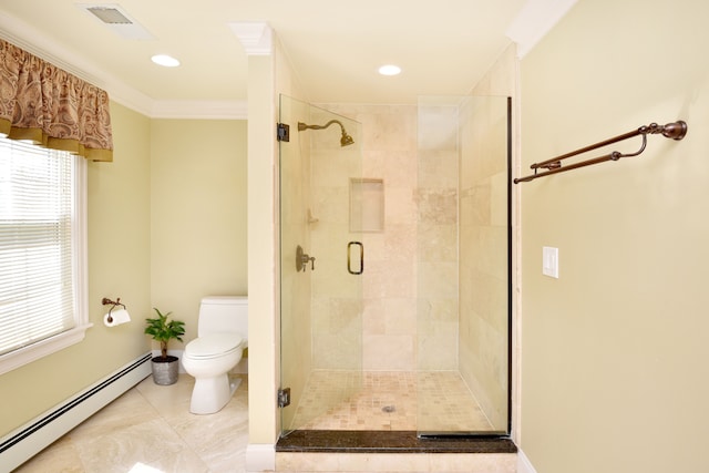 5100 Kings Gate Way, Bloomfield Hills, MI 48302 - bathroom with a baseboard heating unit, toilet, crown molding, a shower stall, and recessed lighting