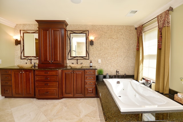 5100 Kings Gate Way, Bloomfield Hills, MI 48302 - bathroom featuring double vanity, a whirlpool tub, and ornamental molding