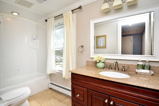 5100 Kings Gate Way, Bloomfield Hills, MI 48302 - full bath featuring a baseboard heating unit, toilet, vanity, tub / shower combination, and tile patterned flooring
