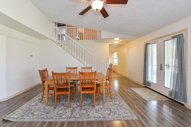 4780 Dutcher Rd, Howell, MI 48843 - dining space featuring french doors, wood finished floors, baseboards, ceiling fan, and stairs