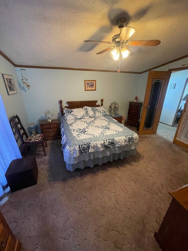 carpeted bedroom featuring crown molding, a textured ceiling, and ceiling fan