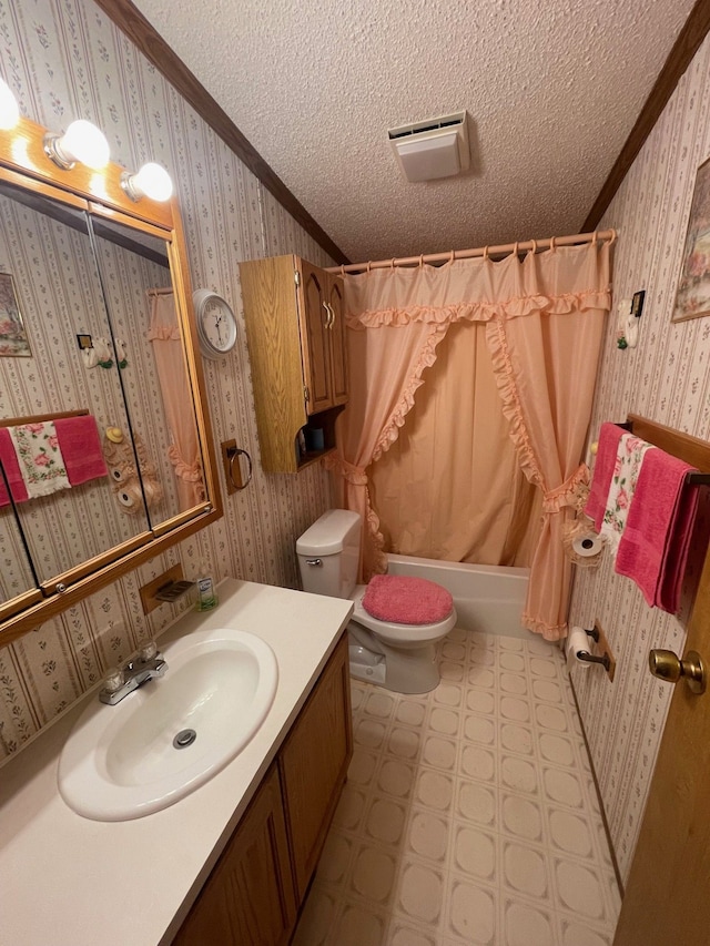 full bathroom with crown molding, wallpapered walls, tile patterned floors, a textured ceiling, and toilet