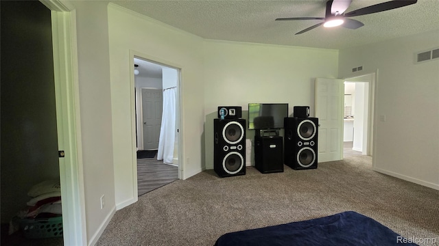 5303 Dove Rd, Kimball, MI 48074 - bedroom with carpet floors, a textured ceiling, baseboards, ensuite bathroom, and ceiling fan