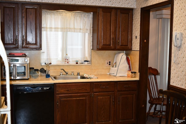 kitchen with wallpapered walls, dishwasher, dark brown cabinetry, a sink, and light countertops