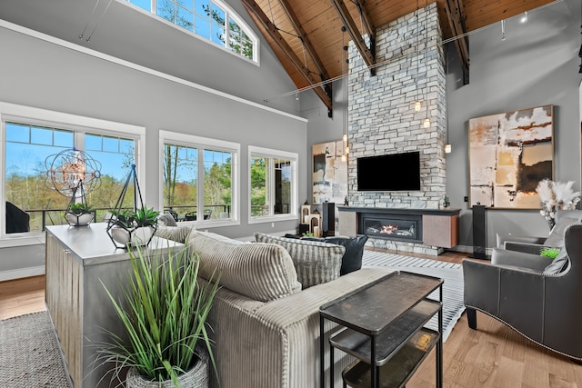 5744 Wyndam Ln, Brighton, MI 48116 - living area with light wood-style floors, a fireplace, high vaulted ceiling, and wooden ceiling