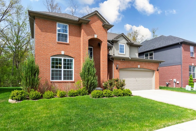 traditional home featuring a garage, a front lawn, brick siding, and driveway