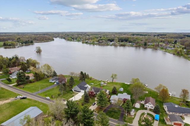 birds eye view of property with a water view and a residential view