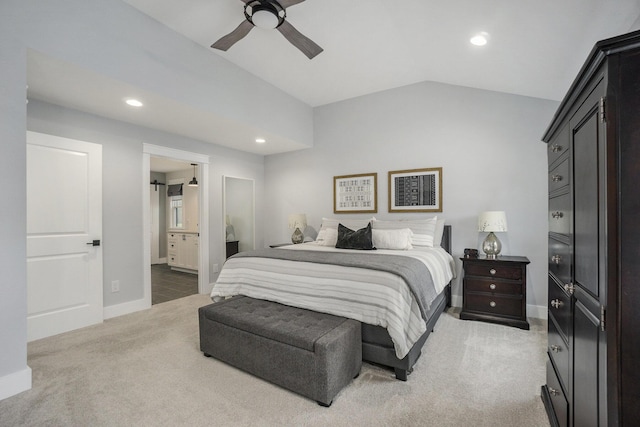 bedroom featuring lofted ceiling, a ceiling fan, recessed lighting, baseboards, and light carpet